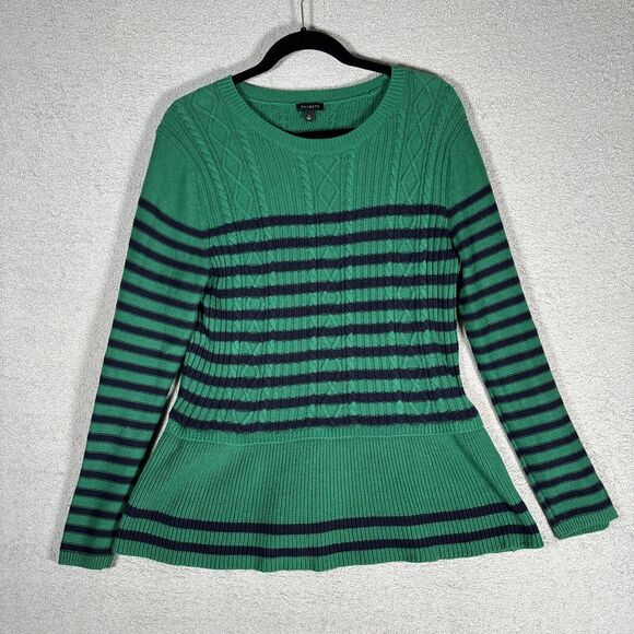 Talbots Peplum Sweater Womens L Green Black Stripe Top Casual Cotton 5% Cashmere - Picture 1 of 11
